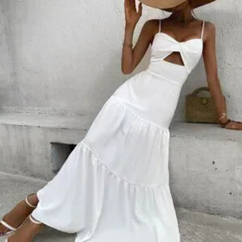 ZARA White Boho Womens Twist Front Cut Out Ruffle Hem Maxi Cami Dress - Picture 4 of 5